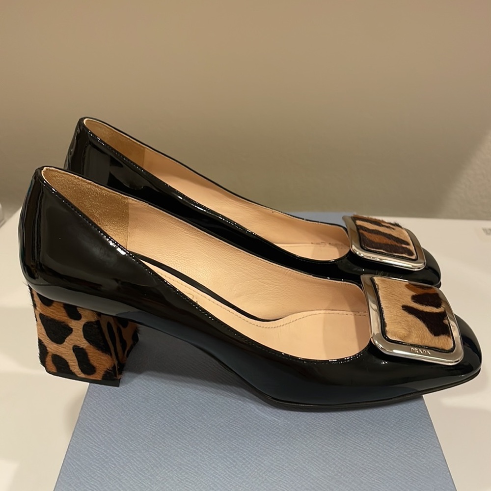 Prada Black Patent Leather & Leopard Calfskin Block Heel - Picture 3 of 13